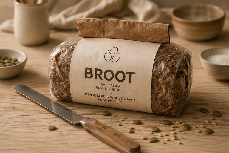 BROOT premium German-style whole grain bread loaf — dense, seeded, additive-free