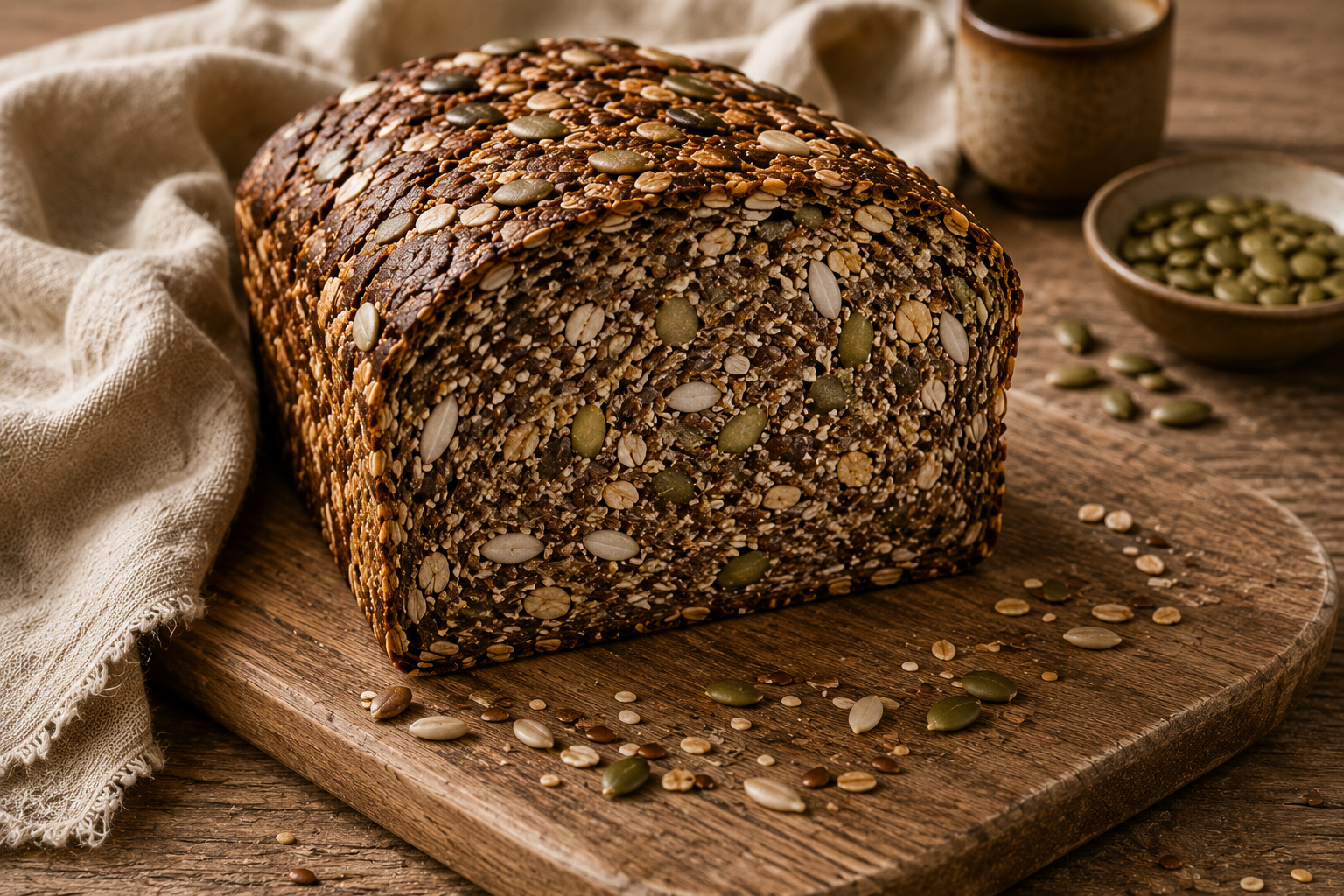 Dense seed-and-whole-grain bread cross-section showing intact grains, seeds and nuts