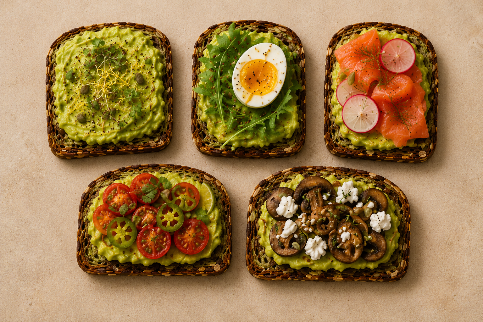 Five healthy avocado toast topping ideas on dense whole grain bread