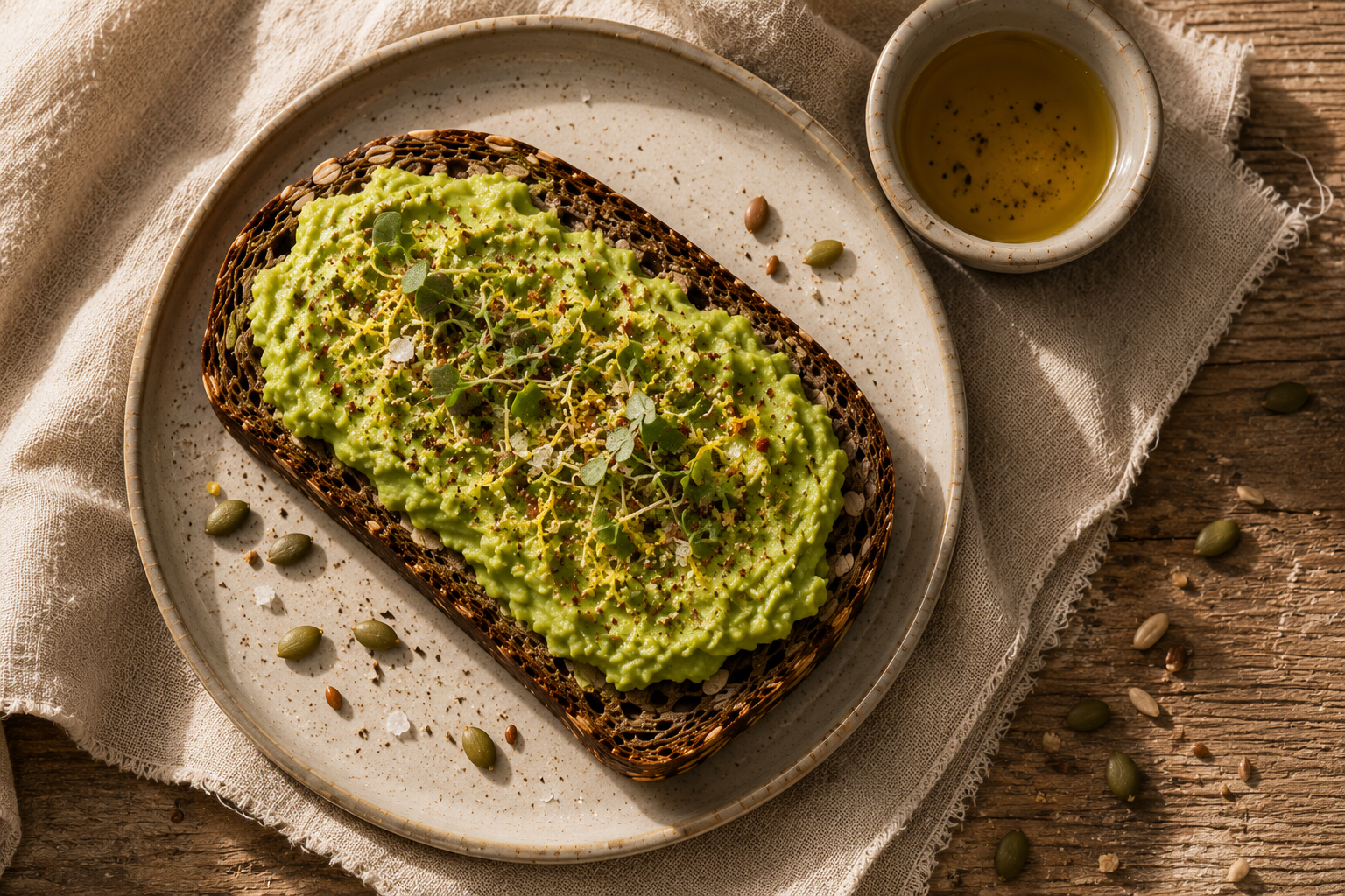 Whole grain bread for avocado toast — dense seeded BROOT slice topped with avocado, lemon and microgreens