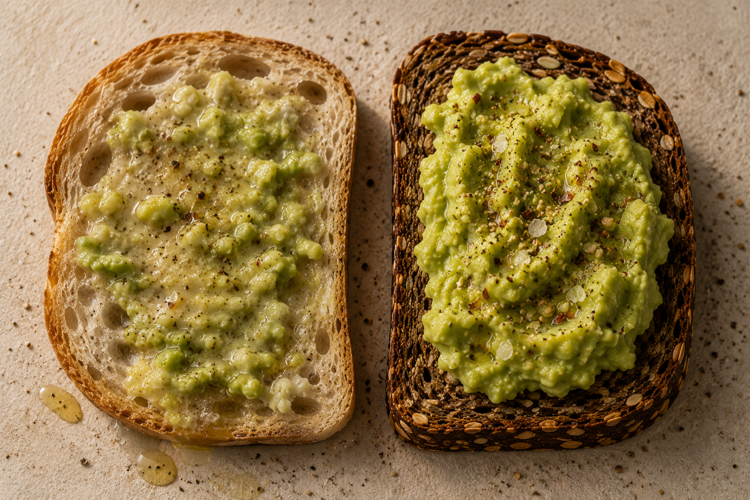 Whole grain vs sourdough for avocado toast — sturdy seeded slice holds up while white sourdough goes soggy