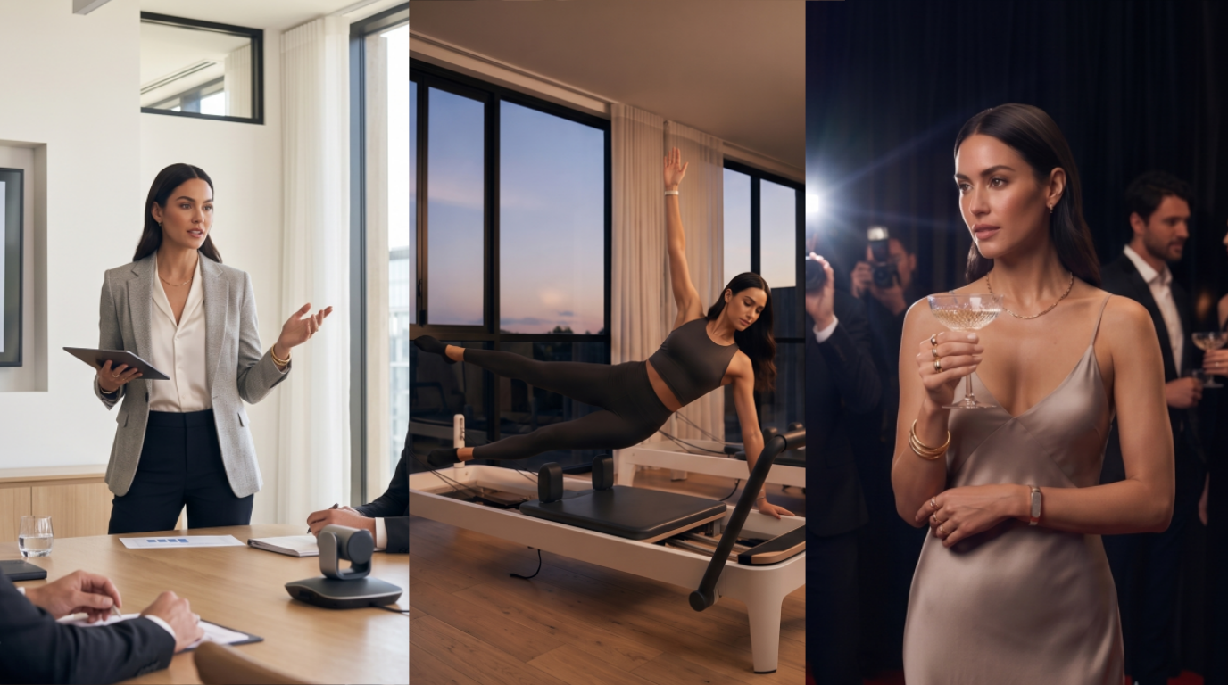 A split-screen image showing a woman wearing a minimalist fitness tracker while presenting in a boardroom, doing Pilates, and attending a formal evening event.